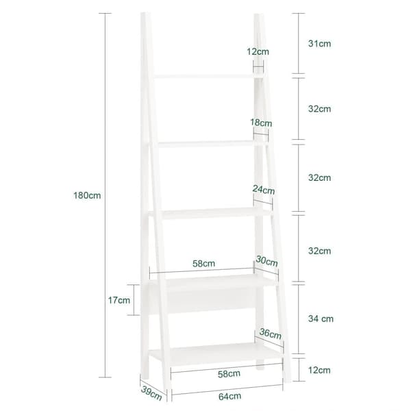 SoBuy Bogreol med 5 hylder, Stigereol,Pladsbesparende træhylde, Rumdeler Længde 65 cm Bredde 39 cm Højde 180 cm, hvid FRG61-W