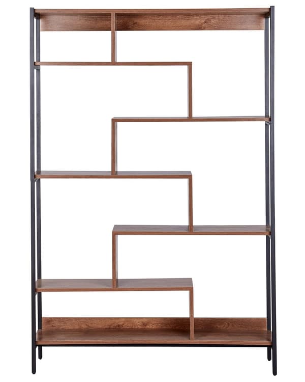 Bogreol mørkt træ stål sort metalramme 6 hylder åbent design rumdeler industriel stil