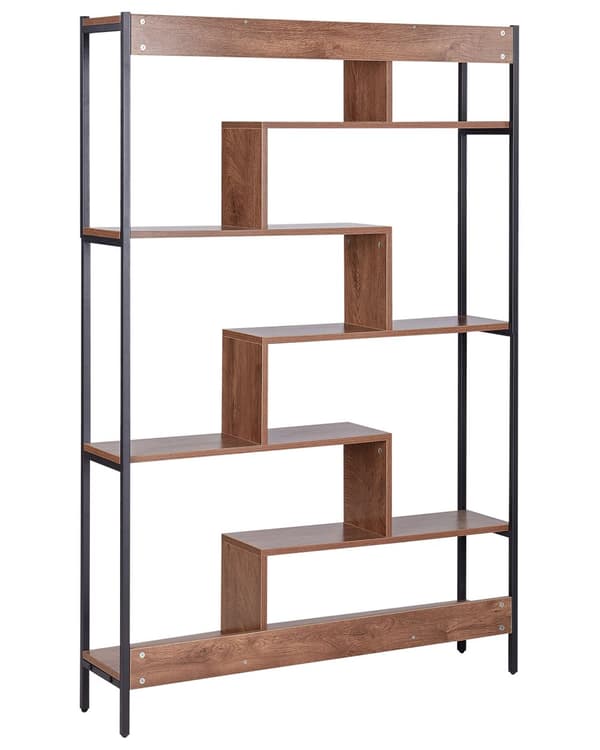 Bogreol mørkt træ stål sort metalramme 6 hylder åbent design rumdeler industriel stil