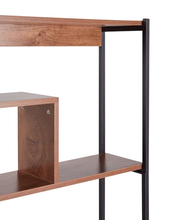 Bogreol mørkt træ stål sort metalramme 6 hylder åbent design rumdeler industriel stil