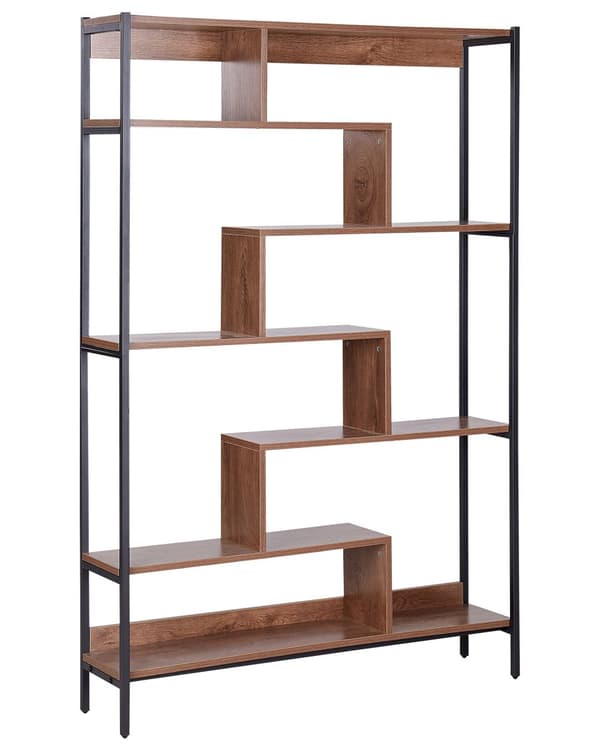 Bogreol mørkt træ stål sort metalramme 6 hylder åbent design rumdeler industriel stil
