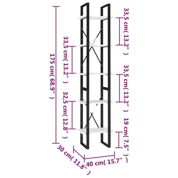 vidaXL bogreol 5 hylder 40x30x175 cm konstrueret træ betongrå