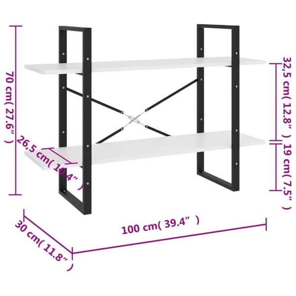 vidaXL bogreol med 2 hylder 100x30x70 cm konstrueret træ hvid