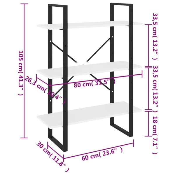 vidaXL bogreol 80x30x105 cm 3 hylder massivt fyrretræ