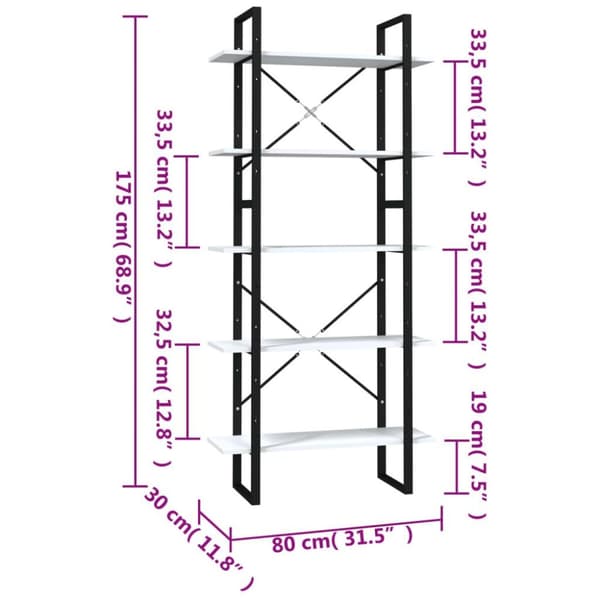 vidaXL bogreol med 5 hylder 80x30x175 cm konstrueret træ sort
