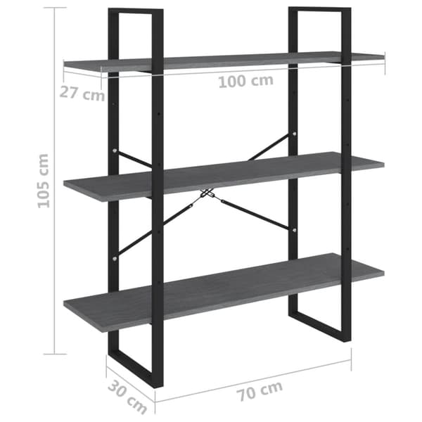 vidaXL Bokhylle 3 nivåer grå 100x30x105 cm heltre furu