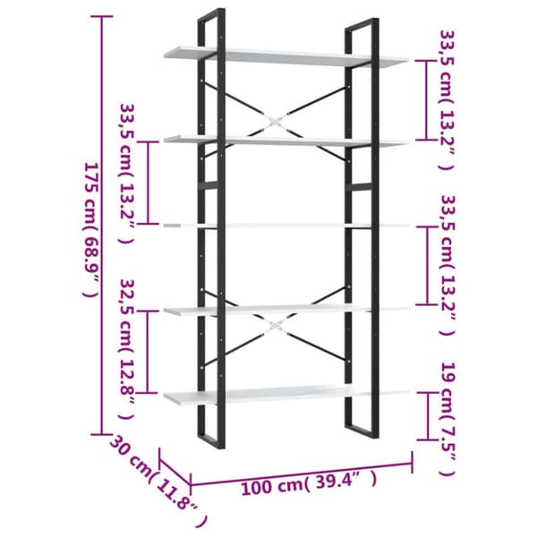 vidaXL Bokhylle 5 nivåer svart 100x30x175 cm heltre furu
