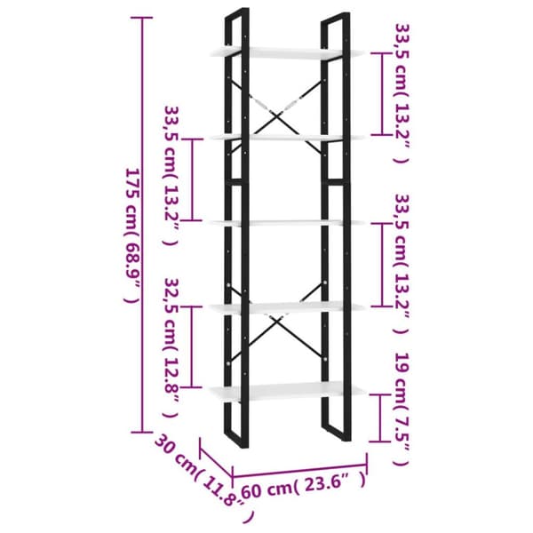 vidaXL bogreol med 5 hylder 60x30x175 cm fyrretræ hvid
