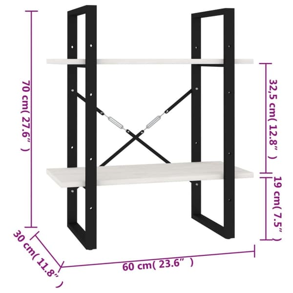 vidaXL bogreol med 2 hylder 60x30x70 cm massivt fyrretræ hvid
