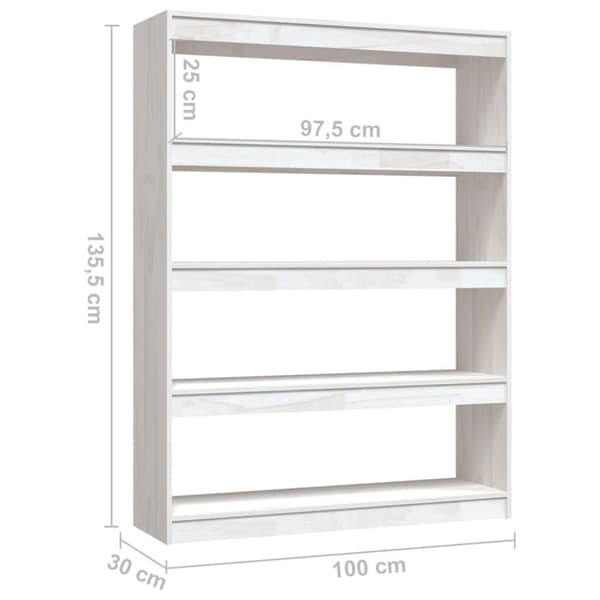 vidaXL bogskab/rumdeler 100x30x135,5 cm massivt fyrretræ hvid
