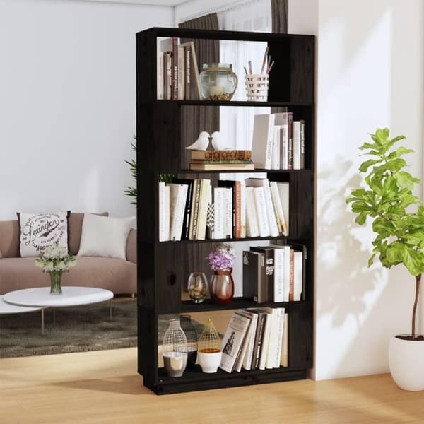 vidaXL bogreol/rumdeler 80x25x163,5 cm massivt fyrretræ sort