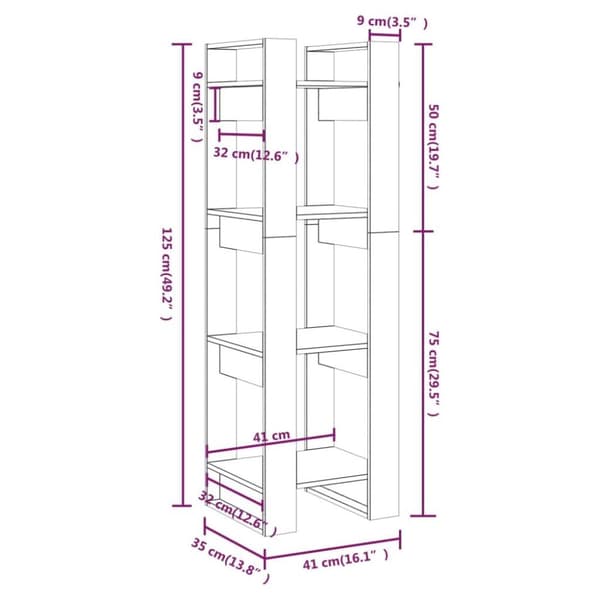 vidaXL bogreol/rumdeler 41x35x125 cm massivt fyrretræ hvid