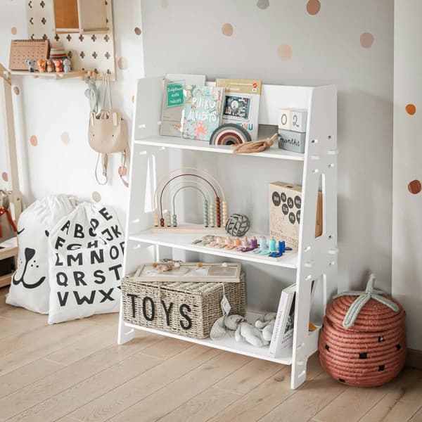 Montessori legetøjshylde i træ til børn – åben opbevaringsreol til børneværelse, lav bogreol til småbørn, pædagogisk legetøjshylde eller butiksholder