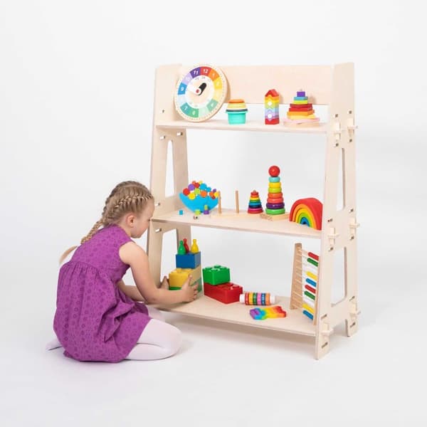 Montessori legetøjshylde i træ til børn – åben opbevaringsreol til børneværelse, lav bogreol til småbørn, pædagogisk legetøjshylde eller butiksholder