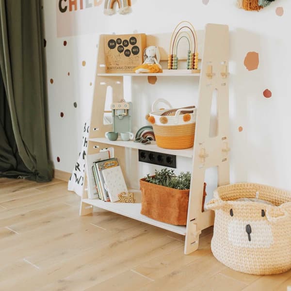 Montessori legetøjshylde i træ til børn – åben opbevaringsreol til børneværelse, lav bogreol til småbørn, pædagogisk legetøjshylde eller butiksholder Træ