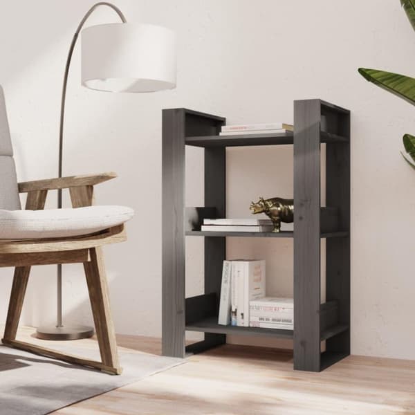 vidaXL Bokhylla/rumsavdelare grå 60x35x91 cm massiv furu