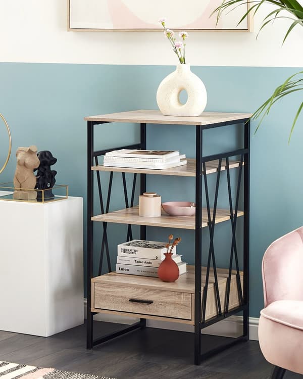 Reol Lyst Træ Sort Metal Stel 101 x 56 cm Lav Bogreol med Skuffe Hylde Opbevaring Industriel stil til Kontor Stue Indendørs Tilbehør