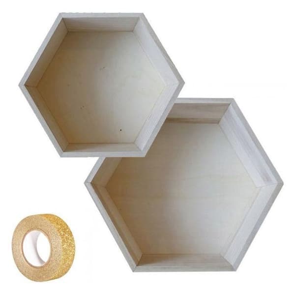 2 hexagonala hyllor i trä 27 x 23,5 cm och 30 x 26,5 cm + 5 m gyllene glittermaskeringstejp