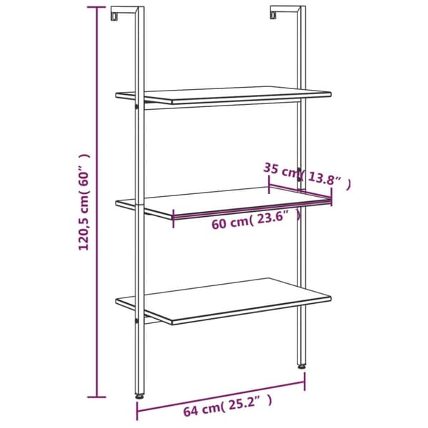 vidaXL Hylla 3 hyllplan ljusbrun och svart 64x35x120,5 cm