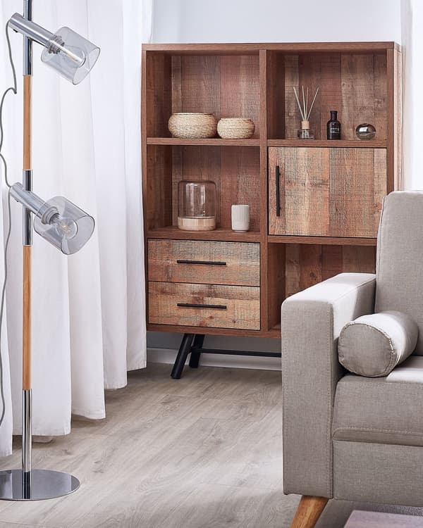 Bokhylle Lyst tre Svarte metallben 131 cm 2 skuffer 1 skap 4 hyller Rustikk Moderne