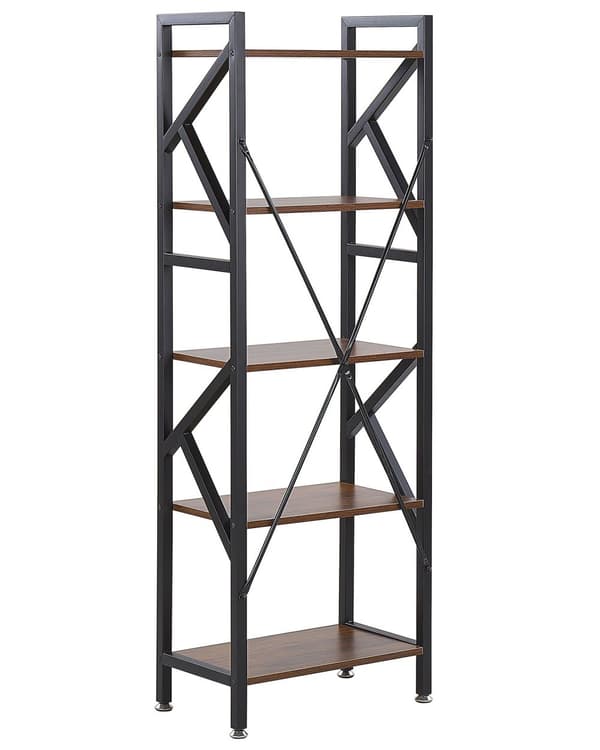 Bokhylle Mørkt tre Svart Metall 150 x 25 x 47 cm 5 hyller Bokreol Oppbevaring Åpen rygg Dekorativ Industrielt design Kontor Stue Bibliotek