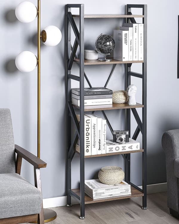 Bokhylle Mørkt tre Svart Metall 150 x 25 x 47 cm 5 hyller Bokreol Oppbevaring Åpen rygg Dekorativ Industrielt design Kontor Stue Bibliotek