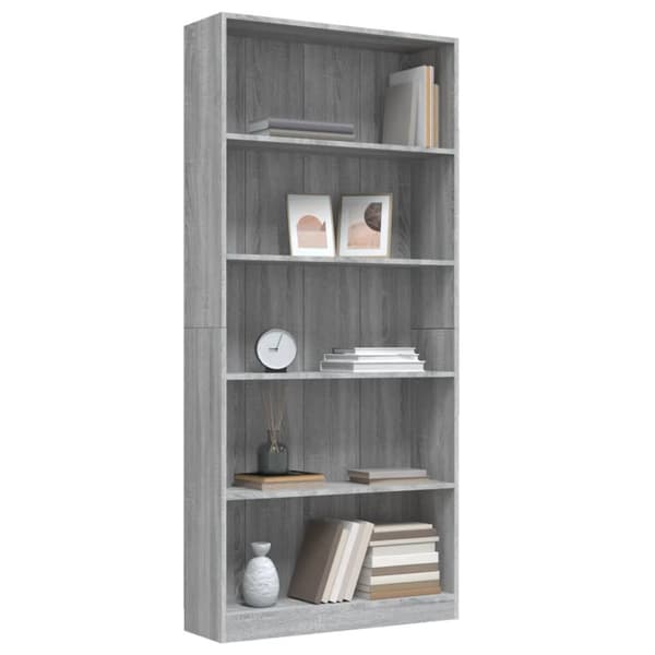 vidaXL bogreol med 5 hylder 80x24x175 cm konstrueret træ grå sonoma-eg