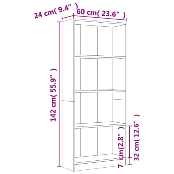 vidaXL bogreol m. 4 hylder 60x24x142 cm konstrueret træ grå sonoma