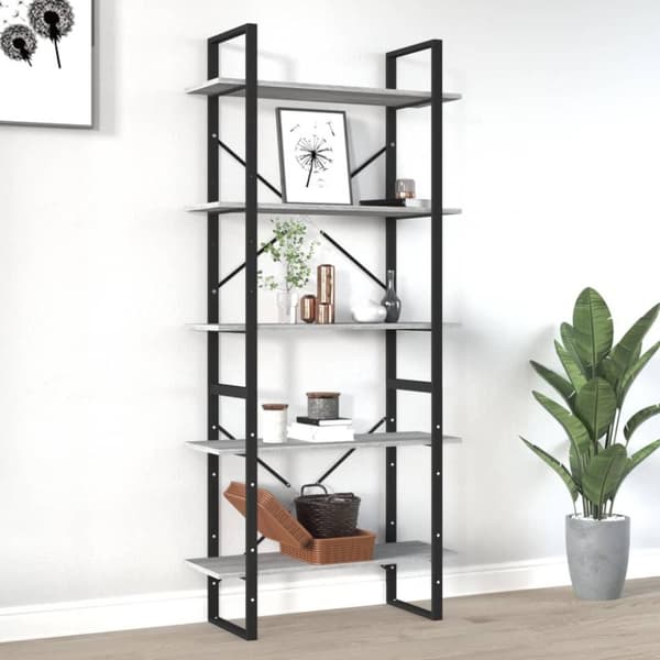 vidaXL bogreol med 5 hylder 80x30x175 cm konstrueret træ grå sonoma-eg