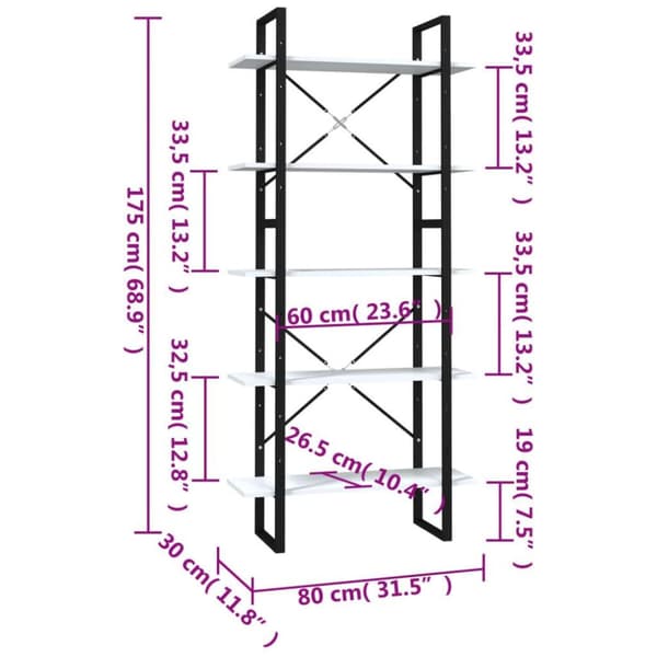 vidaXL bogreol med 5 hylder 80x30x175 cm konstrueret træ grå sonoma-eg