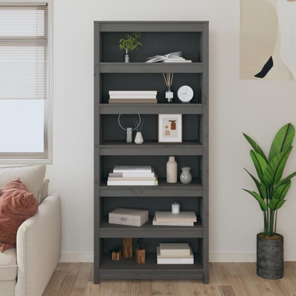 vidaXL bogreol 80x35x183 cm massivt fyrretræ grå