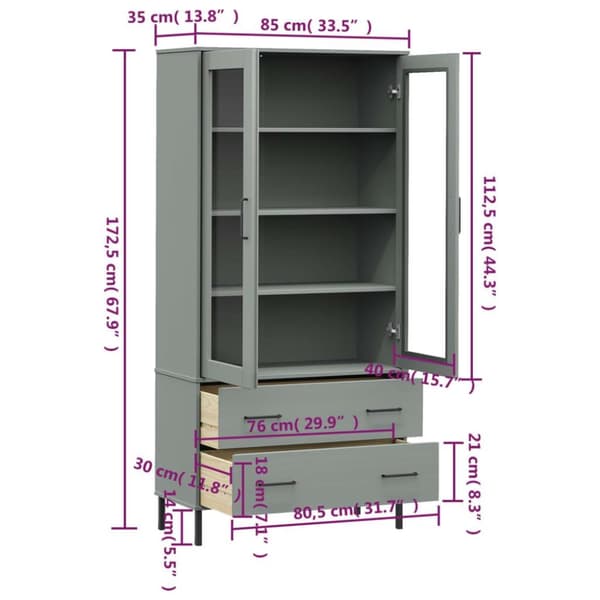 vidaXL bogskab med metalben OSLO 85x35x172,5 cm massivt træ grå