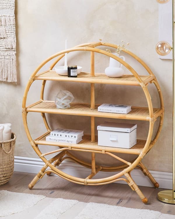 Bokhylla Ljust Trä Fristående 3 Öppna Hyllor Oval Boho Natural Design