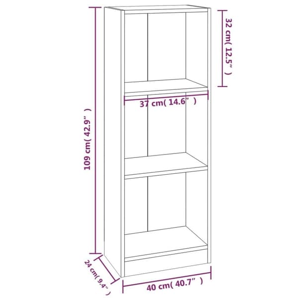 vidaXL Bokhylle 3 etasjer røkt eik 40x24x109 cm konstruert tre