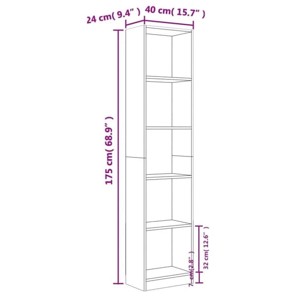 vidaXL bogreol m. 5 hylder 40x24x175 cm konstrueret træ brunt egetræ