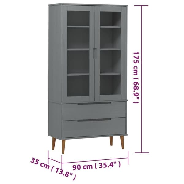 vidaXL Vitrine MOLDE grå 90x35x175 cm heltre furu
