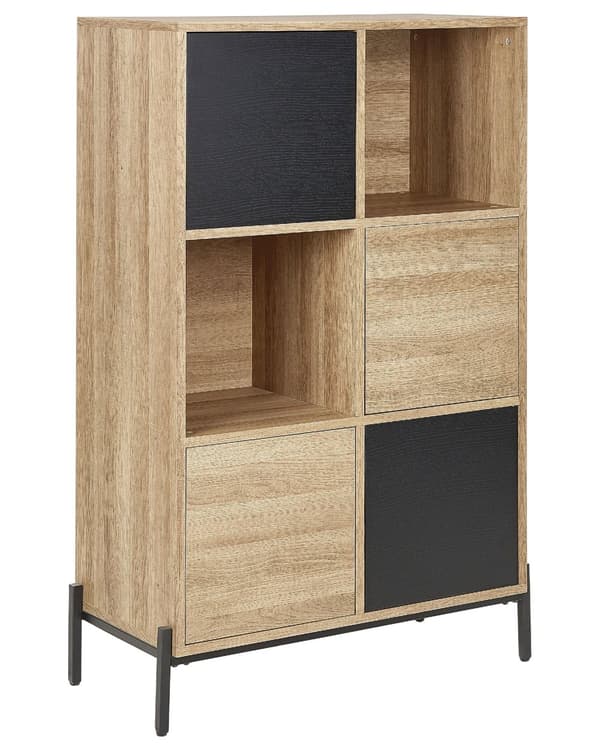 Bogreol Lyst Træ Grå MDF 80 x 135 cm Smal Reol med Hylder og Låger Opbevaring til Stuen Børneværelse Tilbehør Skandinavisk Design