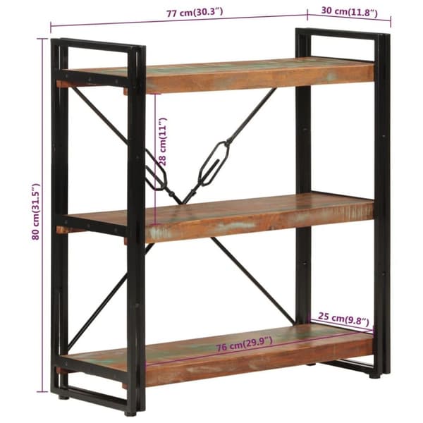vidaXL bogreol med 3 hylder 77x30x80 cm massivt genbrugstræ og jern
