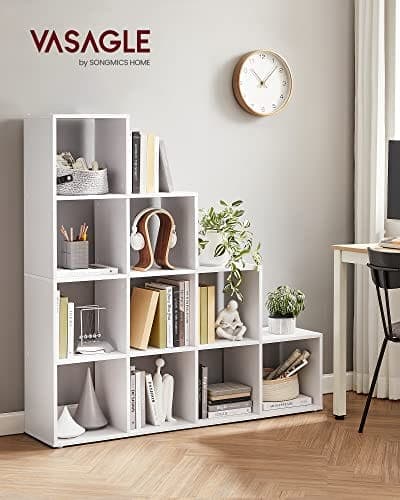 Vasagle bogreol, trappearrangør, 10 åbne terninger, træskærmhylde, fritstående hylde, 129,5 x 29 x 129,5 cm, rumdelere, hvid LBC10WTV1
