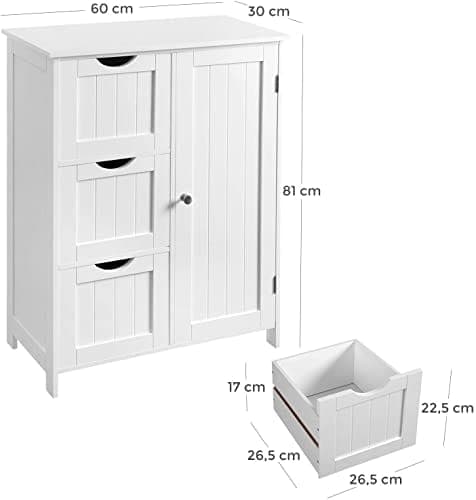 VASAGLE badeværelsesopbevaringsskab, gulvskab med 3 store skuffer og 1 justerbar hylde, 60 x 30 x 81 cm, hvid
