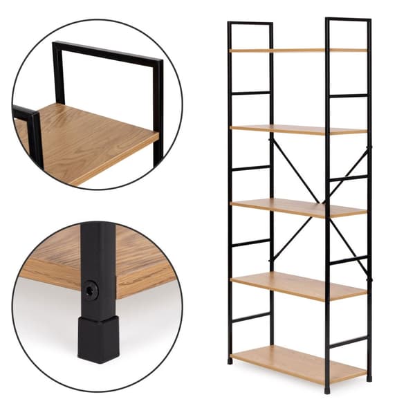 Reol - 144x58,5x23,5 cm - 5 hylder - lysebrun & sort