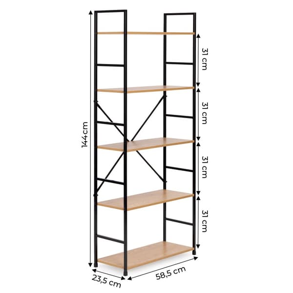 Reol - 144x58,5x23,5 cm - 5 hylder - lysebrun & sort