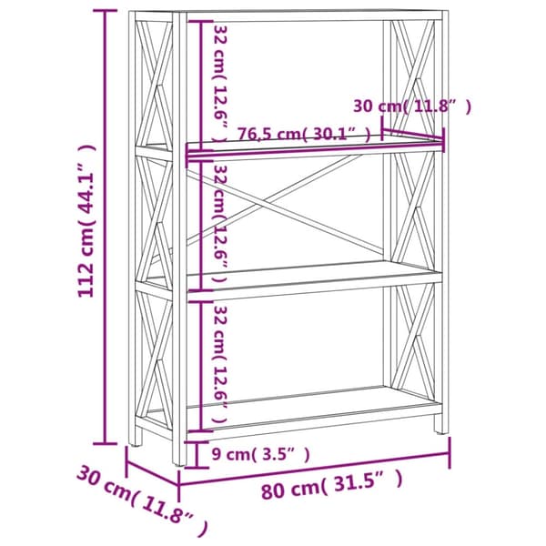 vidaXL Bokhylla med 4 hyllplan 80x30x112 cm massiv ek