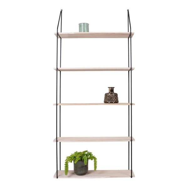 5-vånings hylla i naturträ med svart ram 65 x 17 x 145 cm