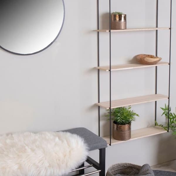 5-vånings hylla i naturträ med svart ram 65 x 17 x 145 cm