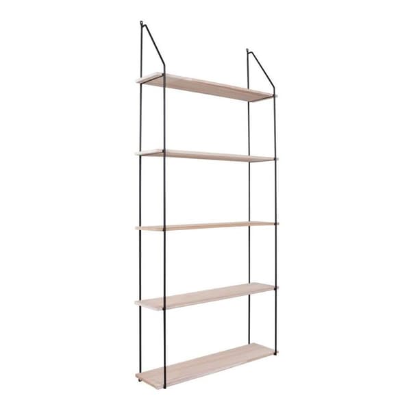 5-vånings hylla i naturträ med svart ram 65 x 17 x 145 cm