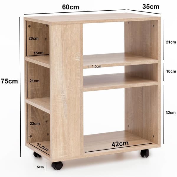 Rootz Hylde Sonoma 60x35x75 cm vogn med hjul træ - Slank køkkenhylde - Telefon Bordvogn Moderne - Boghylde smal stativ beholder høj