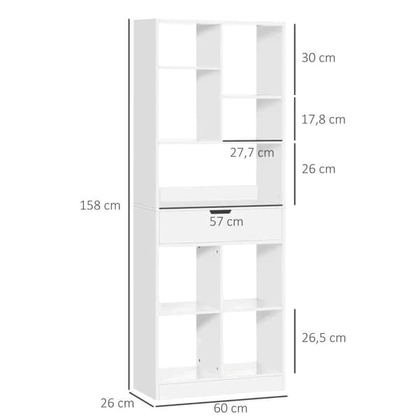 Rootz-kirjahylly - Avohyllyt - 9 hyllyllä - Ja 1 laatikko - MDF - Valkoinen - 60 cm x 26 cm x 158 cm