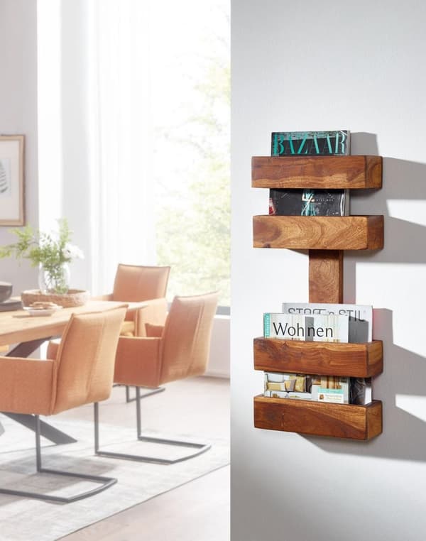 Rootz tidningsställ i massivt trä sheesham 2 förvaringsfack tidningsställ design broschyrhållare lantlig stil
