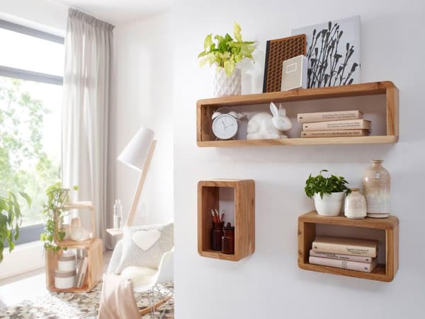 Rootz design seinähyllysarja 3 massiivista puista hyllyä akaasia maalaistyyliin - Maalaistyylinen seinähyllysetti puinen - Riippuva hylly neliön muoto